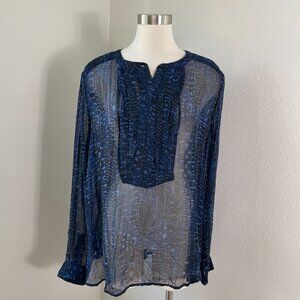 Lucky Brand Womens Large Sheer Blue Printed Tunic Top Blouse Long Sleeve Shirt